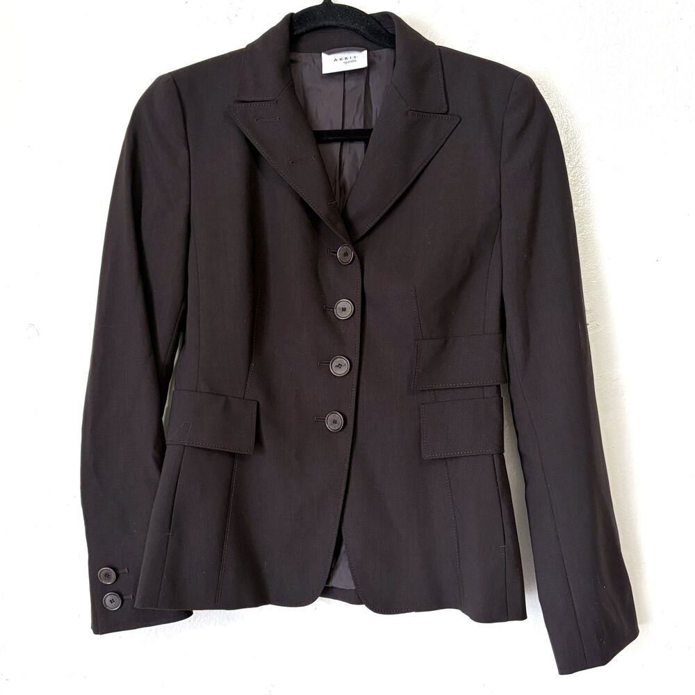 Akris Punto Wool Fitted Blazer Dark Brown Size 4 Tailored Designer Jacket